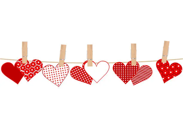 Vector illustration of Valentines day concept with hearts and clothes pegs on rope