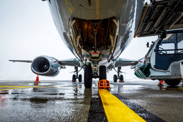 istock Passenger aircraft on maintenance and flight preparation. View under airplane fuselage in airport 1130324651
