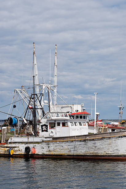 istock Old fishing boat with white peeling paint docked in harbor 113032505