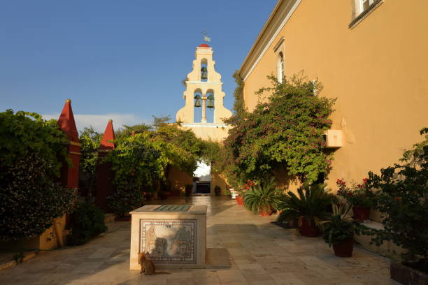 istock Palaiokastritsa Monastery's upper level is dominated by an airy courtyard and small chapel, Palaiokastritsa Village, Corfu Island, Greece, Europe 1130325736