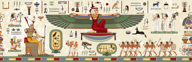 ilustraciones, imágenes clip art, dibujos animados e iconos de stock de fondo antiguo de egipto. jeroglífico egipcio y symbolancient cultura cante y símbolo. pharaoh.historical fondo. - faraón