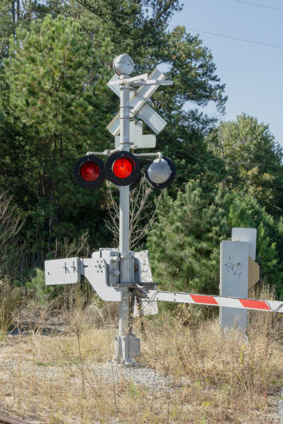 istock Railroad crossing guard left abandoned in field with gate drawn 1130327436