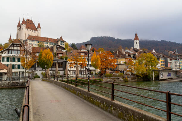 vista della città di thun, svizzera - bridge people berne river foto e immagini stock