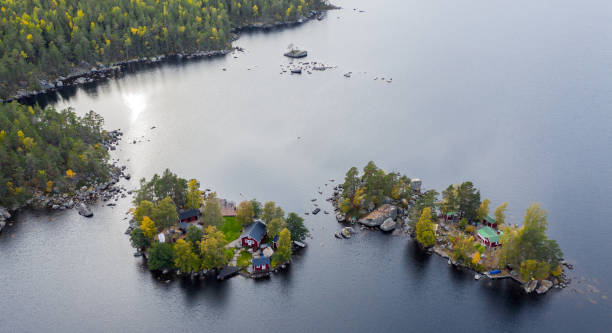 drone vistas al mar en el camino entre sundsvall y lulea, suecia - indiana summer lake tree fotografías e imágenes de stock