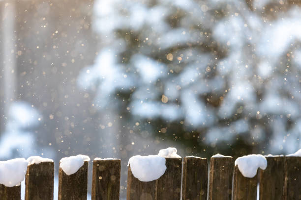istock Snow flakes falling behind a wooden fence great for a winter background 1130334949