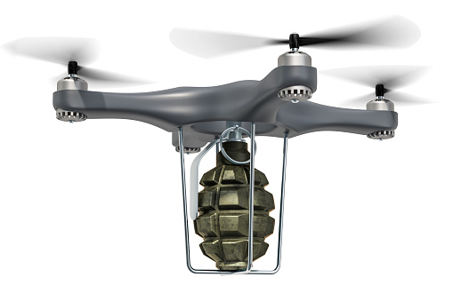 Military Drone with hand grenade, 3D rendering isolated on white background