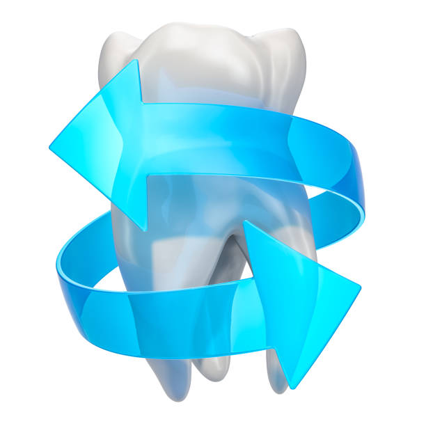 istock Teeth recovery and protection concept. Tooth with blue arrows, 3D rendering isolated on white background 1130336357