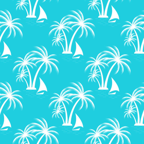 tropikalna wyspa. palmami. żaglówka bez szwu wzór. - pattern coconut palm tree frond textile stock illustrations