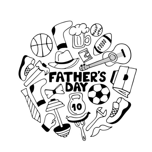 ilustraciones, imágenes clip art, dibujos animados e iconos de stock de tarjeta de felicitación día del padre doodle. juegos de deportes de los hombres, accesorios y artículos de - shoe bow baseball sport