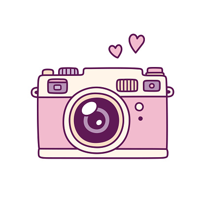 Vintage photo camera, cute pink doodle style drawing with hearts. Retro style film camera vector illustration.