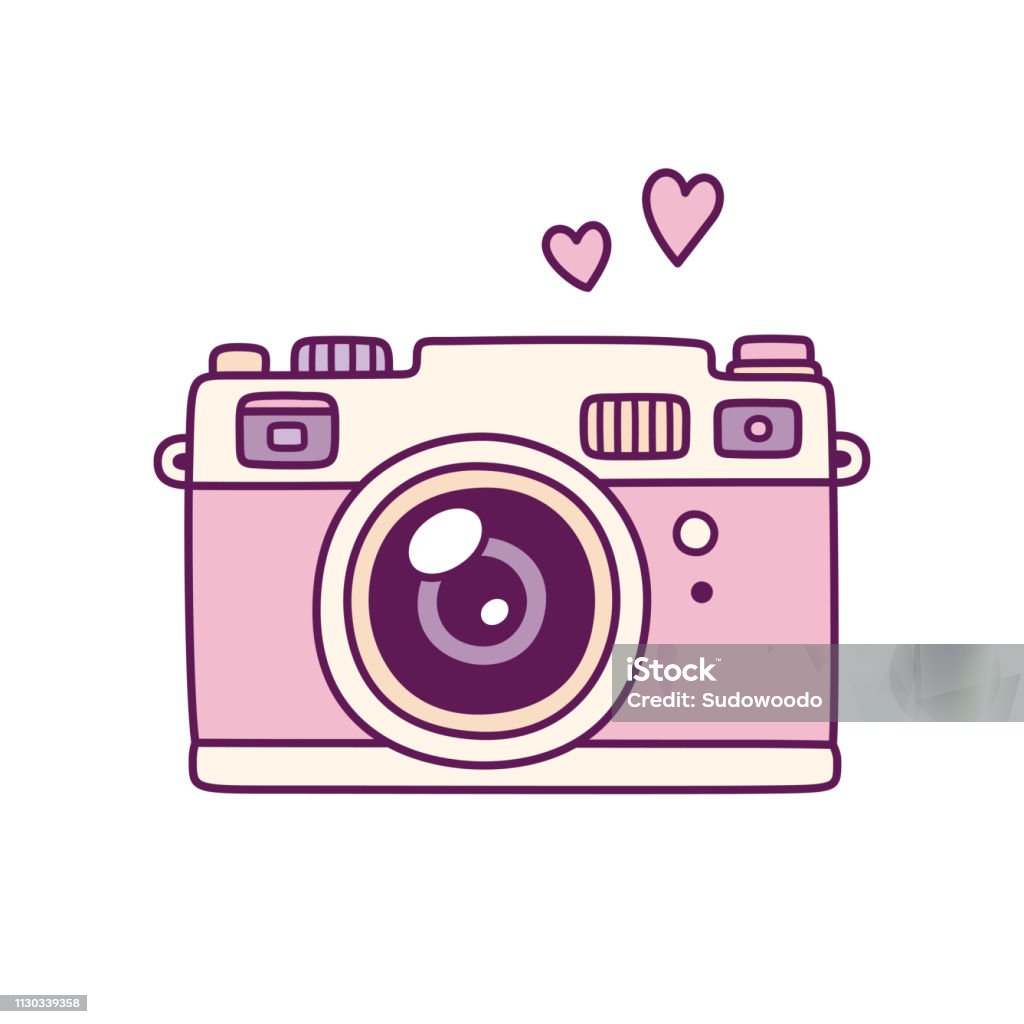 Pink retro photo camera Vintage photo camera, cute pink doodle style drawing with hearts. Retro style film camera vector illustration. Camera - Photographic Equipment stock vector