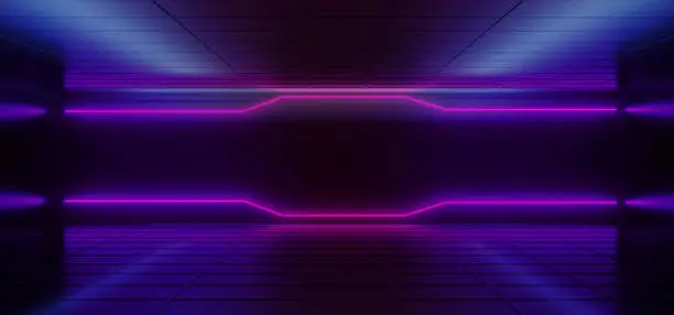 Neon Glowing Cyber Purple Blue Pink Sci Fi Modern Futuristic Minimalistic Dark Black Room With Reflections On The Walls Empty Space 3D Rendering Illustration