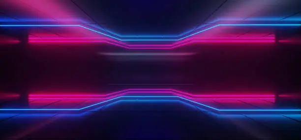 Neon Glowing Cyber Purple Blue Pink Sci Fi Modern Futuristic Minimalistic Dark Black Room With Reflections On The Walls Empty Space 3D Rendering Illustration