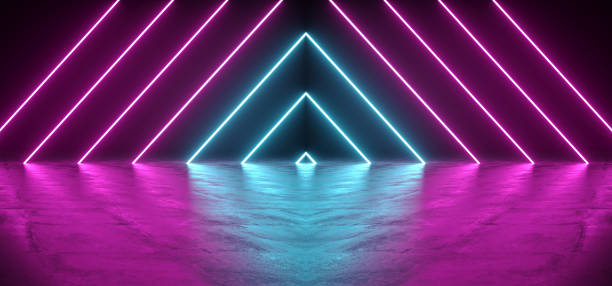 istock Futuristic Sci-Fi Abstract Blue And Purple Neon Light Shapes On Black Background And Reflective Concrete With Empty Space For Text 3D Rendering 1130341245