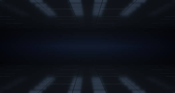 istock Modern Neon Glowing Blue Purple Pink Dance Stage Lights Dark Empty Sci-Fi Futuristic Ship Corridor With Reflective Surfaces. 3D Rendering 1130342282