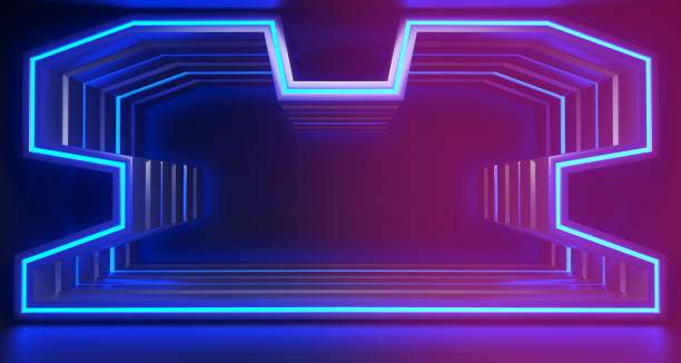 istock Neon Alien Ship Glowing Purple Blue Dark  Empty Sci-Fi Futuristic Ship Room With Reflective Surfaces Laser Dance Led Lights Background 3D Rendering 1130342456