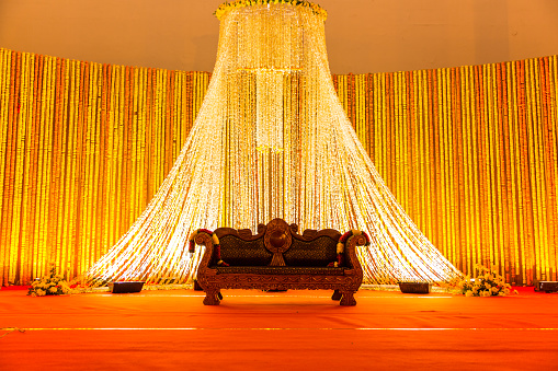 Indian Wedding Stage.Indian wedding decoration. Indian beautiful marriage decoration with flowers