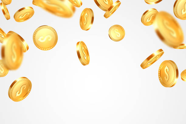 Realistic 3d golden coins explosion. Realistic 3d golden coins explosion. Falling money with dollar sign. White background. Vector illustration. money rain stock illustrations