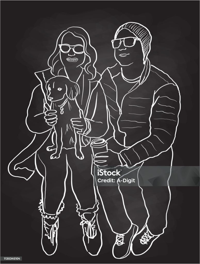 Millenials Relationship Chalkboard Millenials posing for the camera as a couple with their little dog Chalk Drawing stock vector