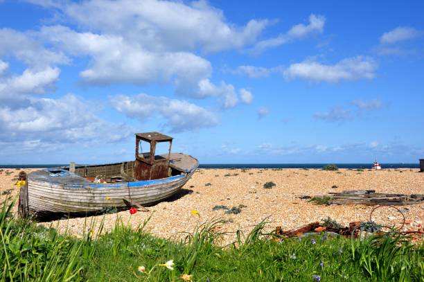 istock Abandoned wooden boat wreck on deserted beach 1130346887