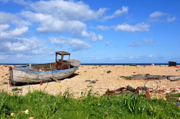 istock Abandoned wooden boat wreck on deserted beach 1130346900