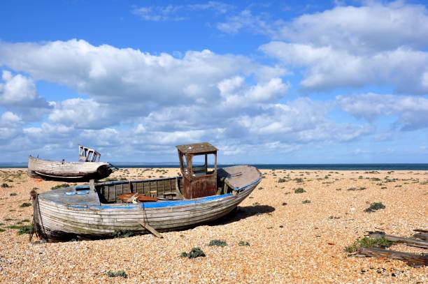 istock Abandoned wooden boat wreck on deserted beach 1130346903
