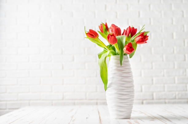 istock Red tulips in a white vase against the white background 1130347299
