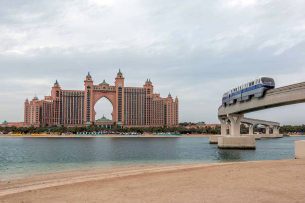 The multi-million dollar Atlantis Resort, Hotel & Theme Park at the Palm Jumeirah Island, A view from The Pointe Dubai, UAE stock photo