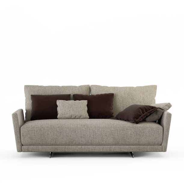Two-seater sofa with pillows on a white background