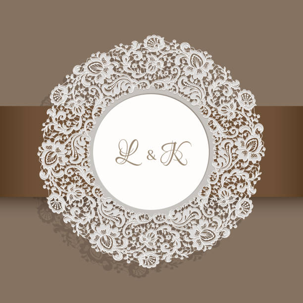 Round label with lace border pattern Vintage round label with lace border ornament, circle decoration for wedding invitation design with floral lace pattern, decorative frame with place for text lace doily crochet craft product stock illustrations