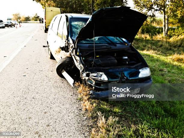 Remains Of A Car Involved In A Road Accident On A Motorway Near Bratislava Slovakia Stock Photo - Download Image Now