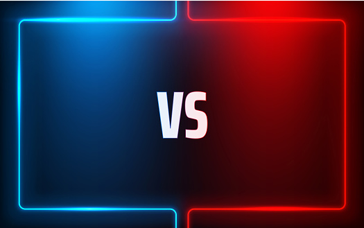 Versus - confrontation, red and blue shiny screen with neon frame and VS sign. Battle, business confrontation, rivalry, match, challenge, sport, competition. Vector background.