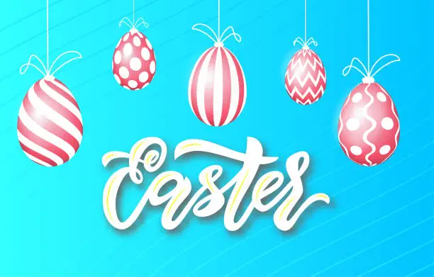 Vector illustration of Easter sale banner template with easter pink gold eggs on blue background. Vector illustration.