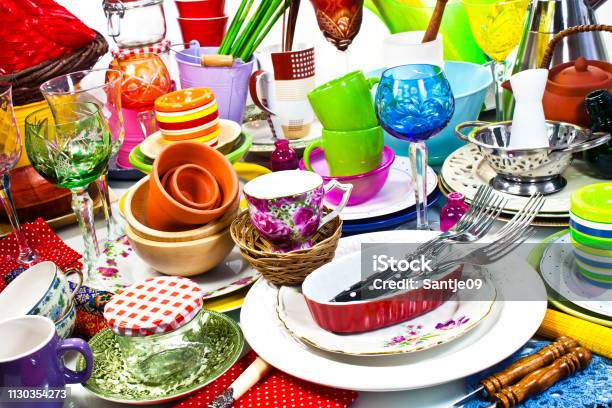 A Lot Of Household Wares On A Table Stock Photo - Download Image Now - Flea Market, Garage Sale, Group Of Objects
