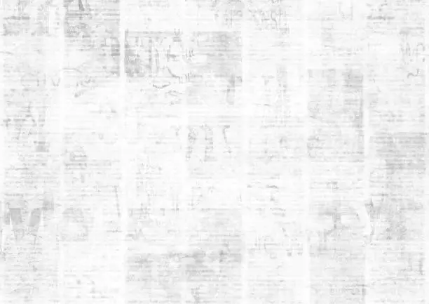 Newspaper with old unreadable text. Vintage grunge blurred paper news texture horizontal background. Textured page. Gray white collage. Space for text.