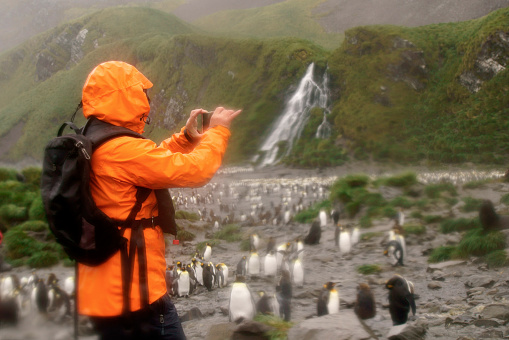 Women view King Penguins at St Andrews Bay South Georgia