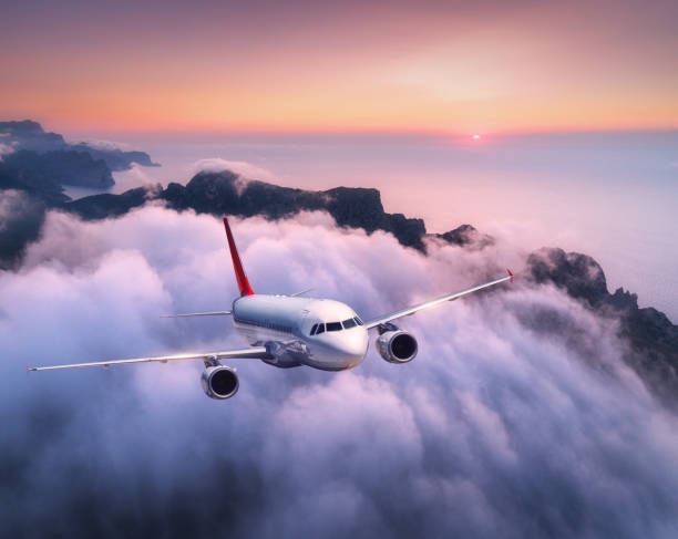 istock Passenger airplane is flying over clouds at sunset. Landscape with white airplane, low clouds, sea coast, purple sky at dusk. Aircraft is landing. Business trip. Commercial plane. Travel. Aerial view 1130357902