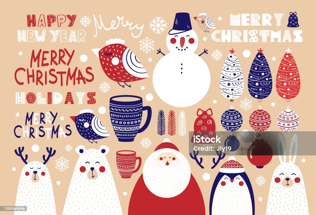 Cute set of Christmas elements for posters and postcards Cute set of Christmas elements for posters and postcards. Vector illustration Christmas Card stock vector