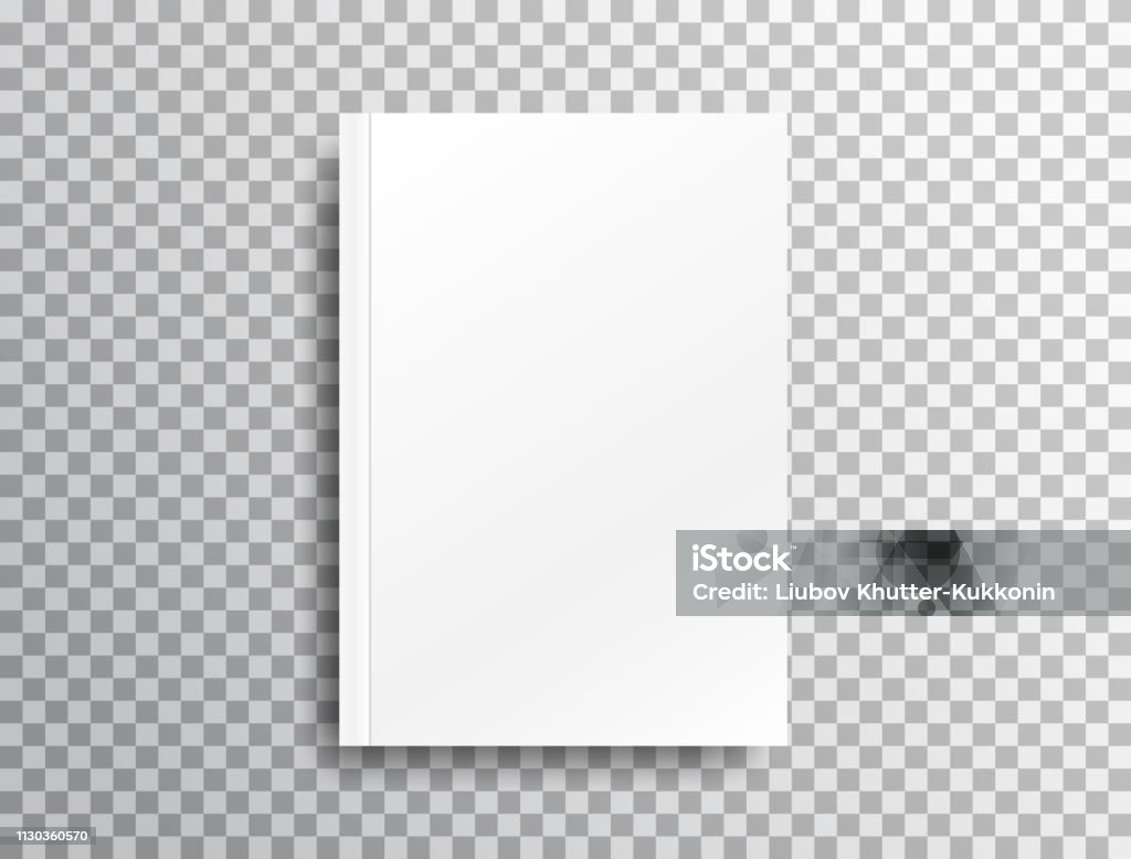 Blank mockup with shadow on transparent background. White realistic brochure A4 for presentation. Notebook with place for text. Closed vertical book, magazine mockup with top view. Vector illustration - Royalty-free Modelo - Arte e Artesanato arte vetorial