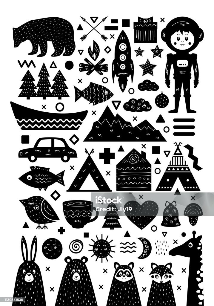 Monochrome set of elements in Scandinavian style Monochrome set of elements in Scandinavian style for modern posters and prints. Vector illustration Bear stock vector