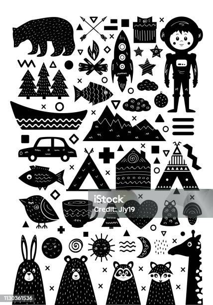 Monochrome Set Of Elements In Scandinavian Style Stock Illustration - Download Image Now - Bear, Scandinavian Culture, Teepee