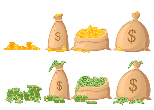 Money bag set. Cloth sack full of paper dollars and golden coins. US dollar sign. Flat vector illustration isolated on white background.