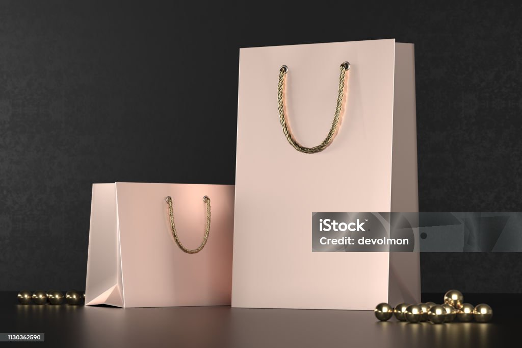 Premium Shopping Bags Mockup Package For Purchases On A Black Background  Rose Gold Paper Shopping Bag With Golden Handles Mock Up Luxury Paper Bags  3d Rendering Stock Photo - Download Image Now 