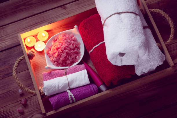 istock set of bathhouse accessories for SPA in Low-key lighting 1130367726