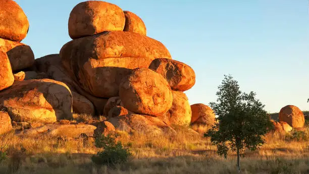 a close up of the devil's marbles in australia's northern territory at sunrise
