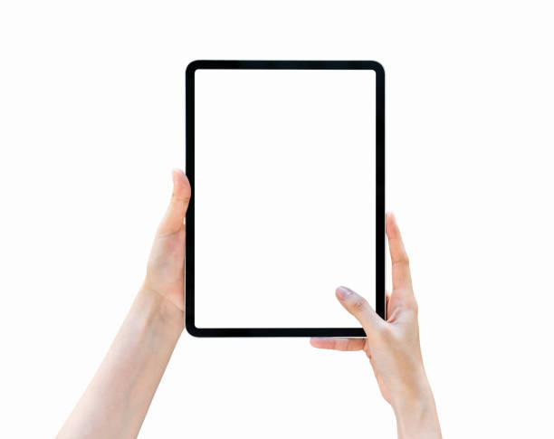 Hand holding tablet blank screen on isolated. stock photo