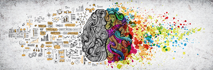 Left right human brain concept, textured illustration. Creative left and right part of human brain, emotial and logic parts concept with social and business doodle illustration and art paint splashes