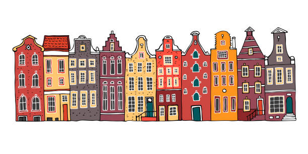 ilustrações, clipart, desenhos animados e ícones de ilustração de mão desenhada desenho vetorial colorida amsterdam. contorno dos desenhos animados casas fachadas seguidas isolado no fundo branco - amsterdam