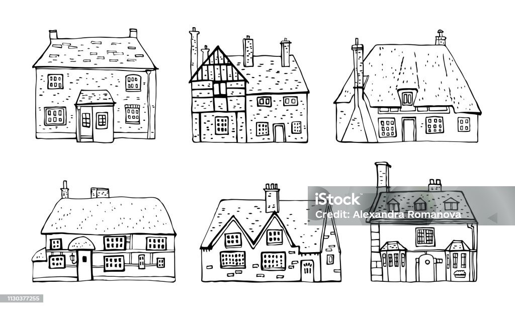 Old English Village Vector Sketch Hand Drawn Illustration Set Of Cartoon  Outline Houses Facades Isolated On White Background Stock Illustration -  Download Image Now - iStock