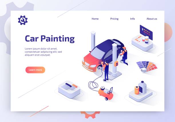 автомобильная живопись сервис изометрический вектор веб-сайт - car auto repair shop repairing accident stock illustrations